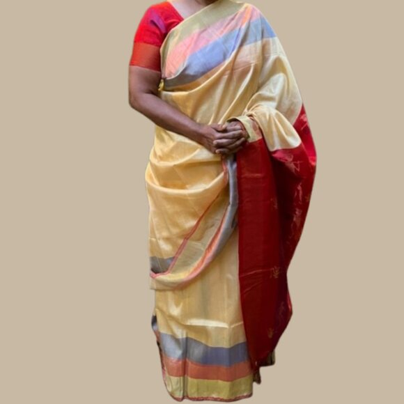 Butter yellow Red Cotton Silk Saree with Tribal Motif diwali pastel haldi - Picture 1 of 17